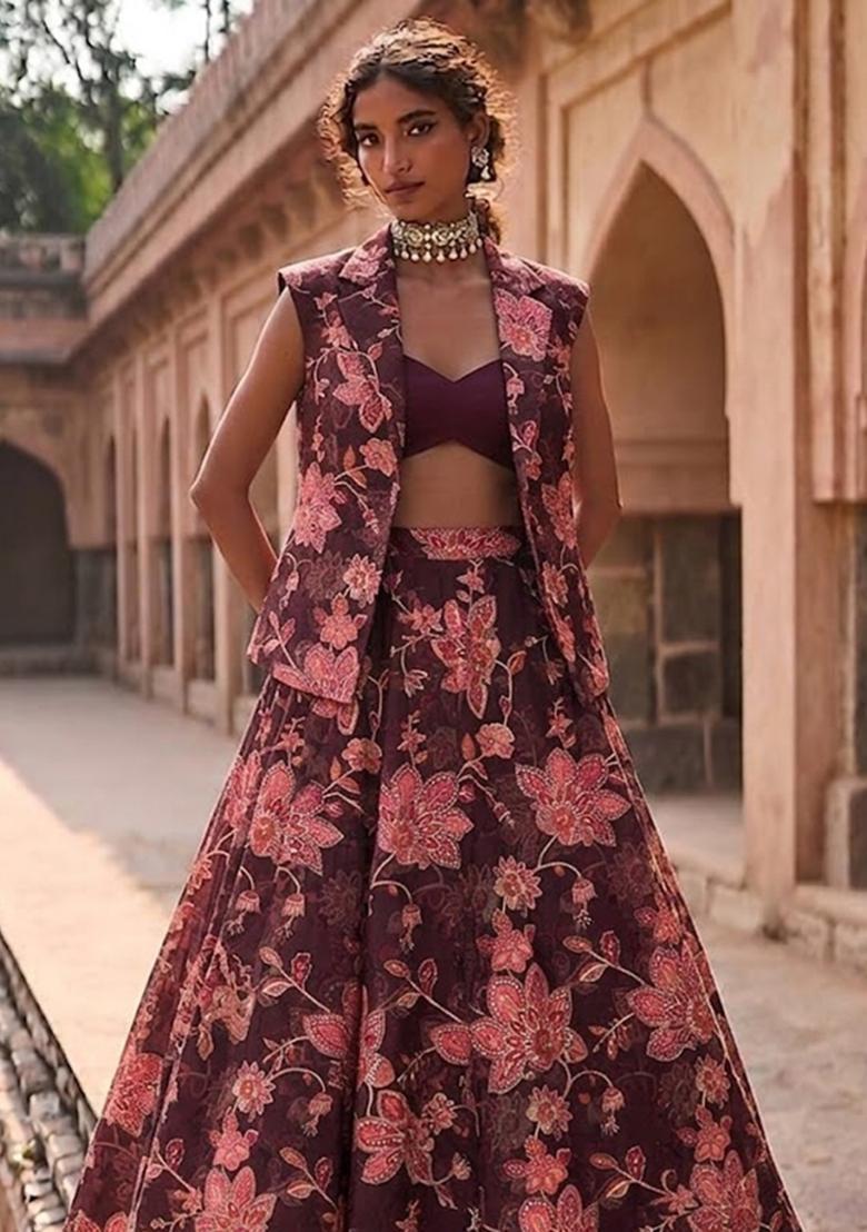 Deep Wine Printed Organza Lehenga Set - Indya