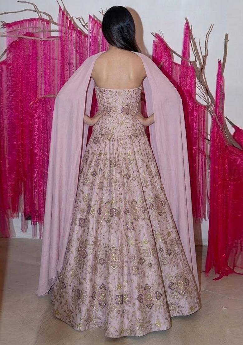 Blush Pink Printed Crepe Anarkali with Dupatta - Indya