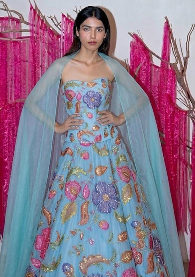 Light Blue Printed Poly Blend Anarkali with Dupatta - Indya