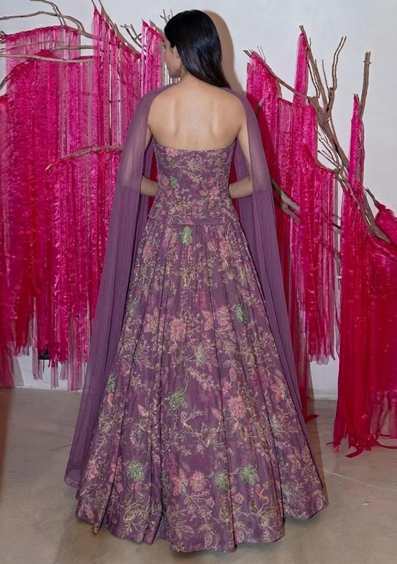 Purple Printed Crepe Anarkali with Dupatta - Indya