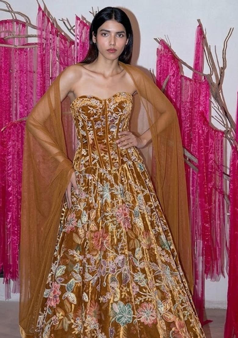 Rust Brown Printed Crepe Anarkali with Dupatta - Indya