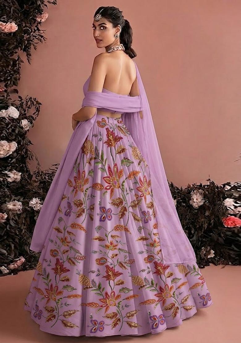 Lavender Embroidered Organza Lehenga Set - Indya