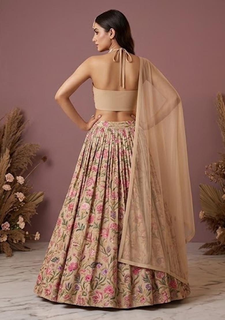 Beige Embroidered Organza Lehenga Set - Indya