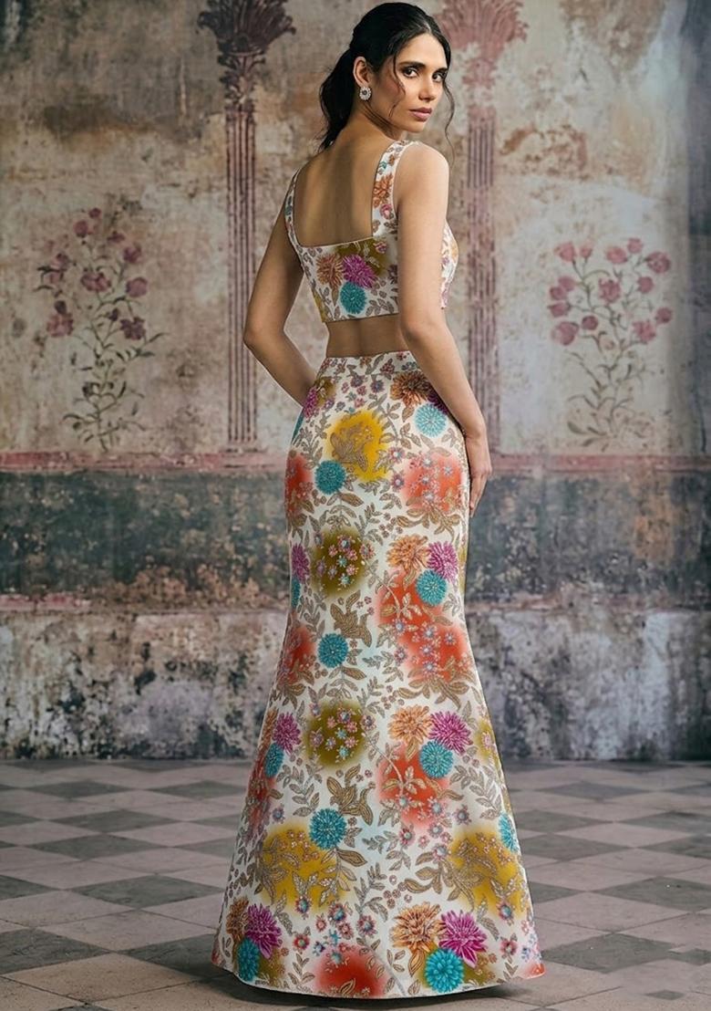 Ivory Printed Crepe Lehenga Set - Indya