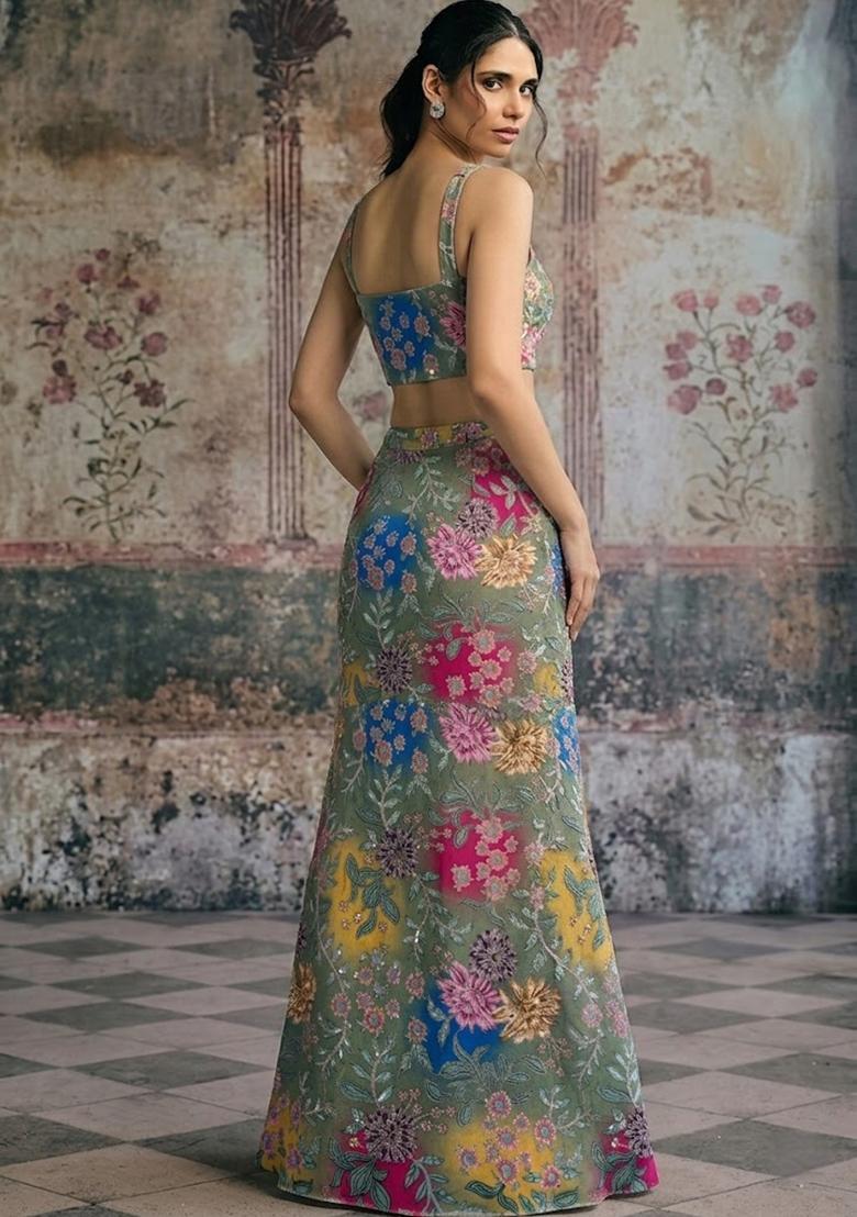 Olive Green Printed Crepe Lehenga Set - Indya