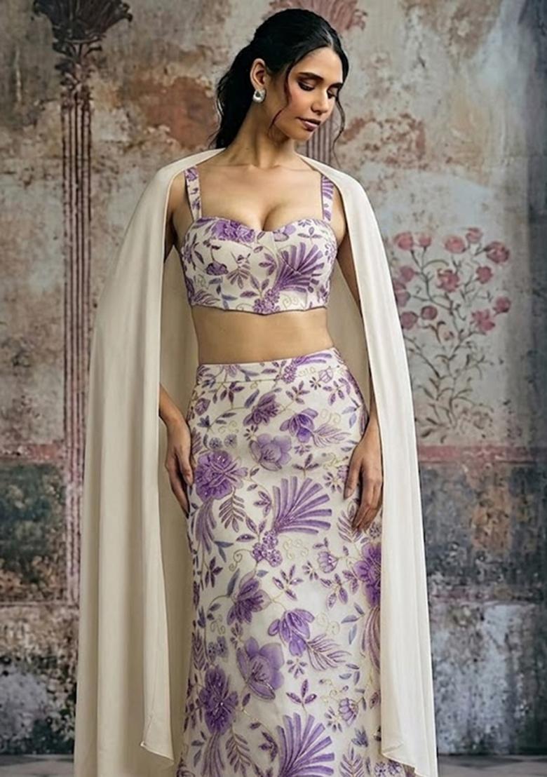 Ivory Printed Organza Lehenga Set - Indya