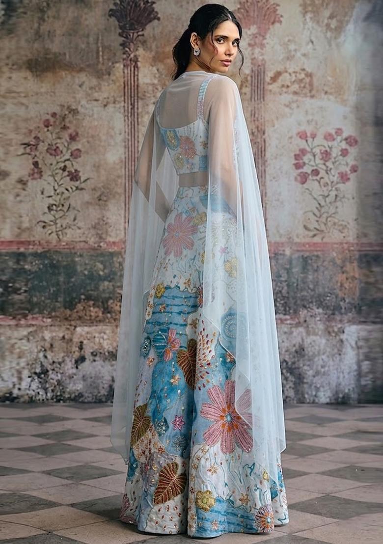 Pastel Blue Printed Crepe Lehenga Set - Indya