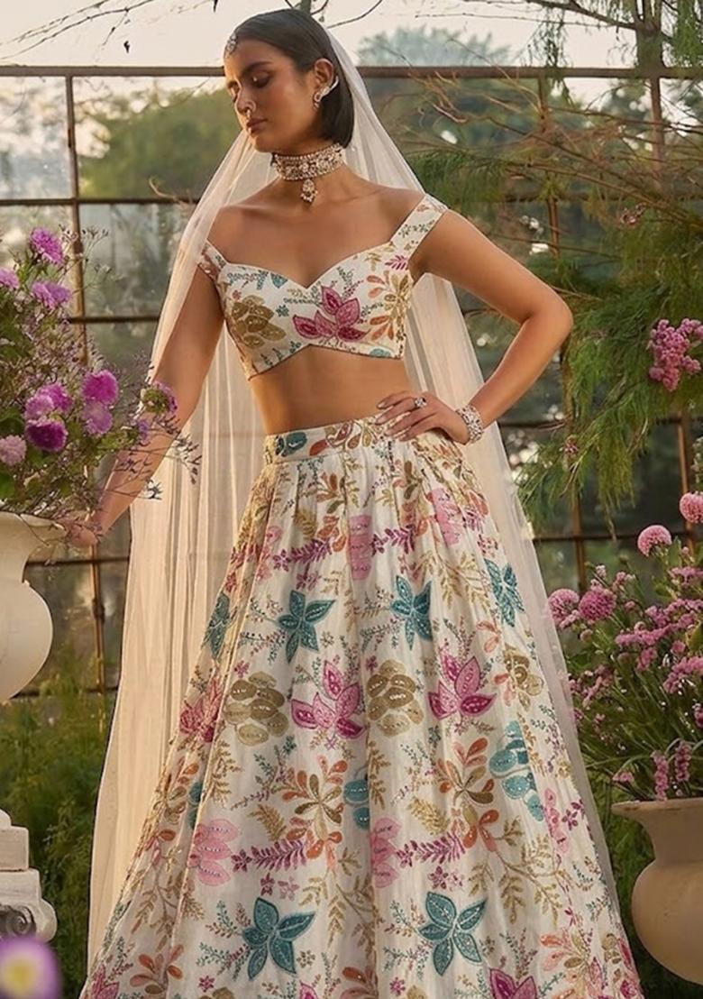 Ivory Printed Silk Blend Lehenga Set - Indya