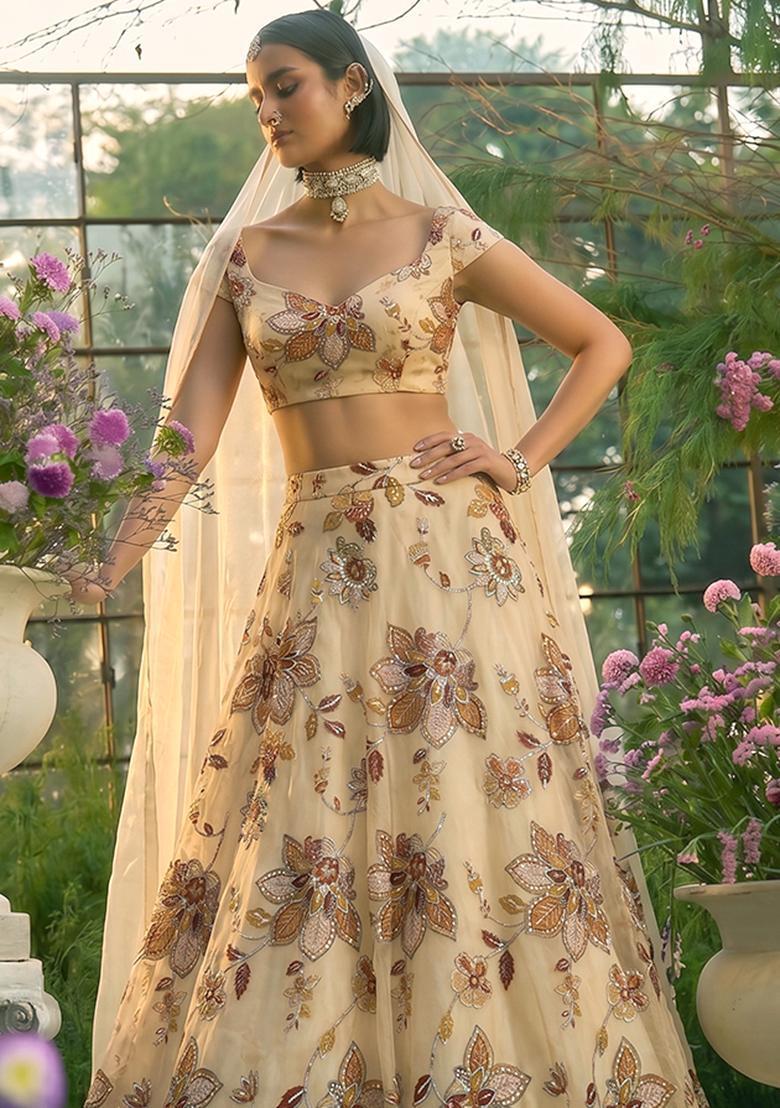 Peach Printed Organza Lehenga Set - Indya