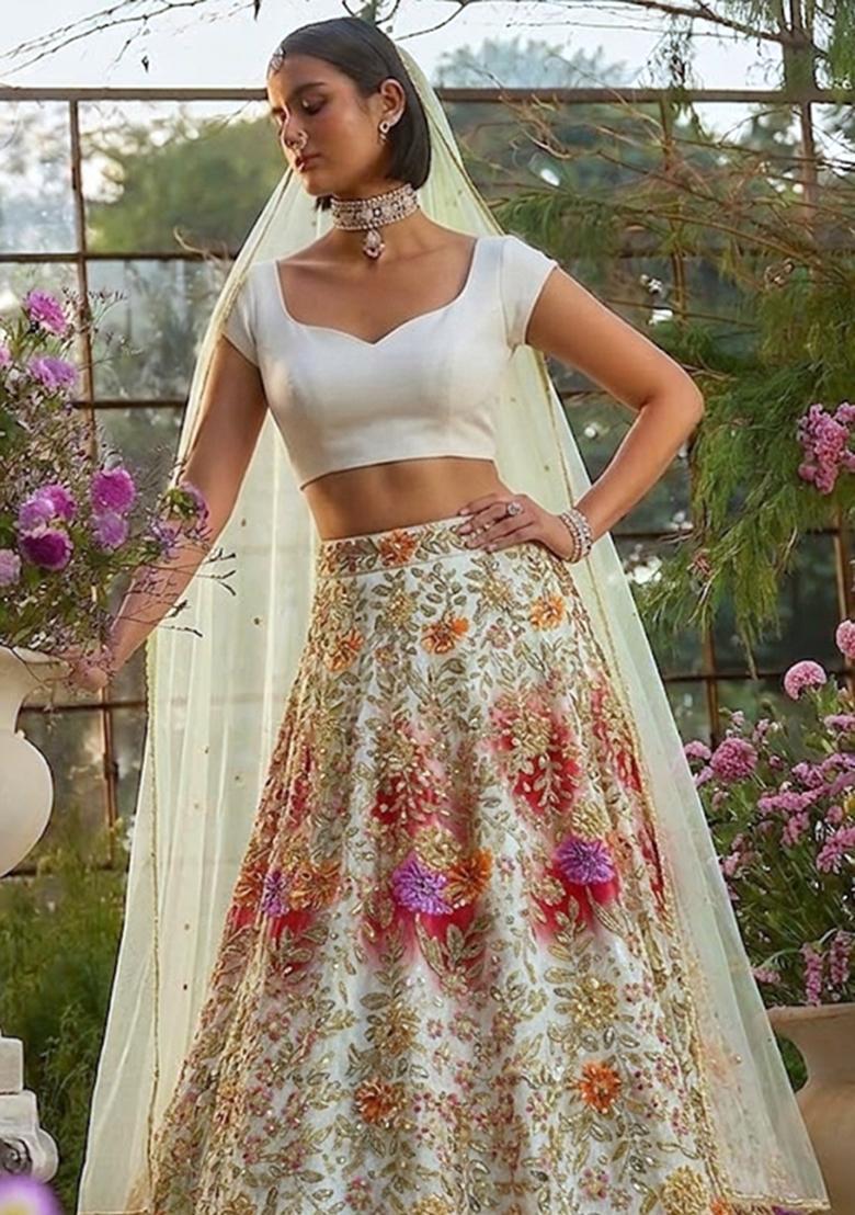 Cream Printed Crepe Lehenga Set - Indya