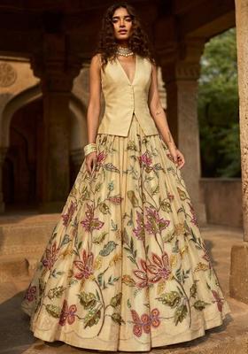 Champagne Gold Embroidered Organza Lehenga Set