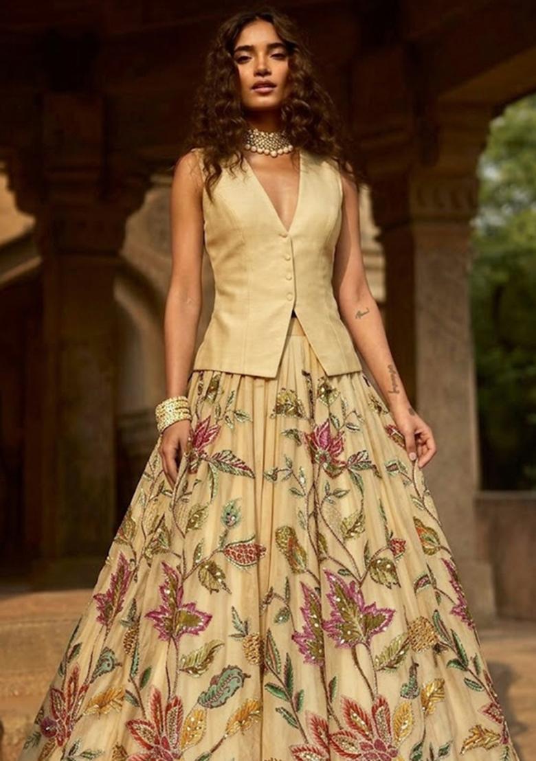 Champagne Gold Embroidered Organza Lehenga Set - Indya