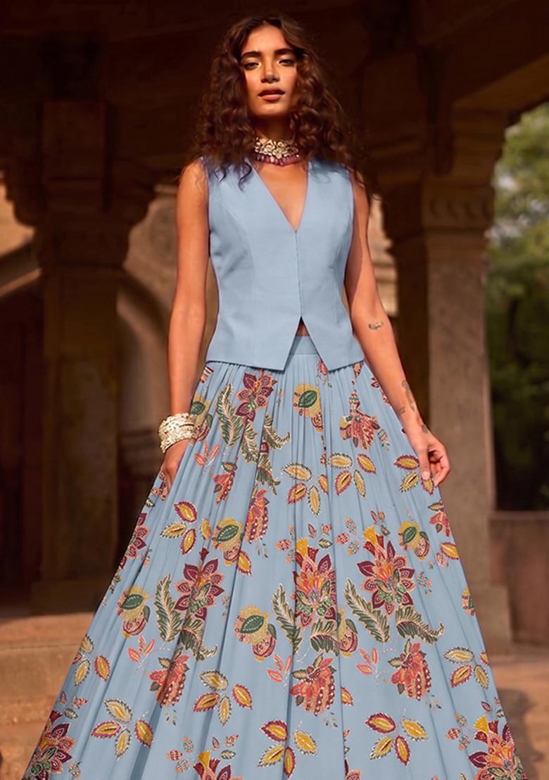 Pastel Blue Printed Organza Lehenga Set - Indya