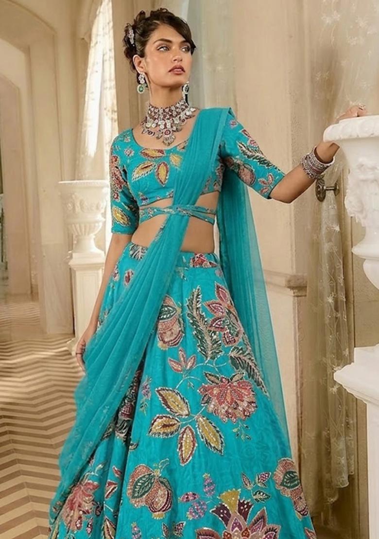 Teal Blue Printed Organza Lehenga Set - Indya