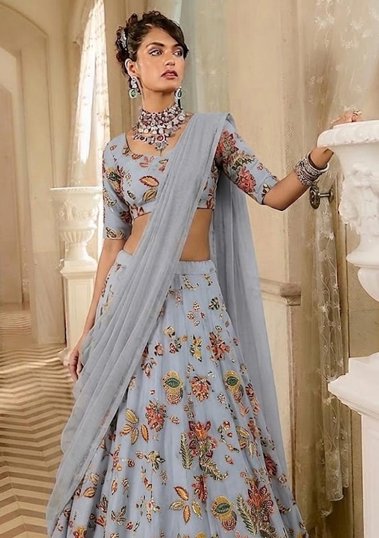 Pastel Blue Printed Organza Lehenga Set - Indya