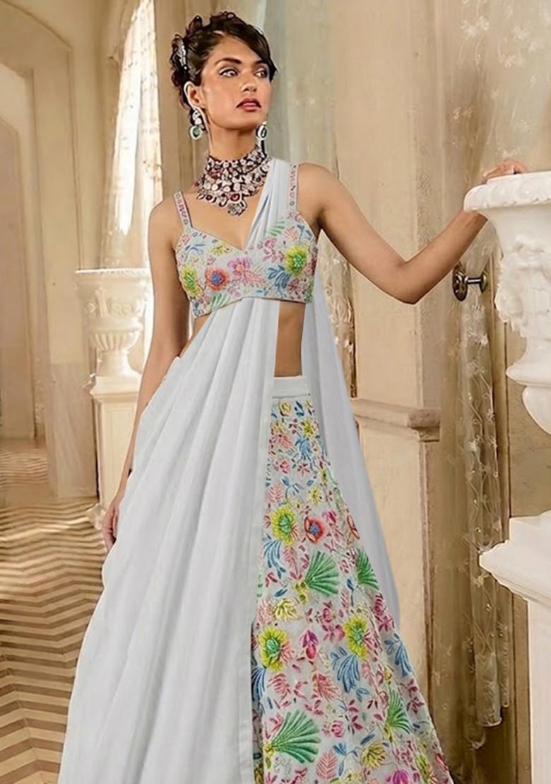 Off White Printed Organza Lehenga Set - Indya