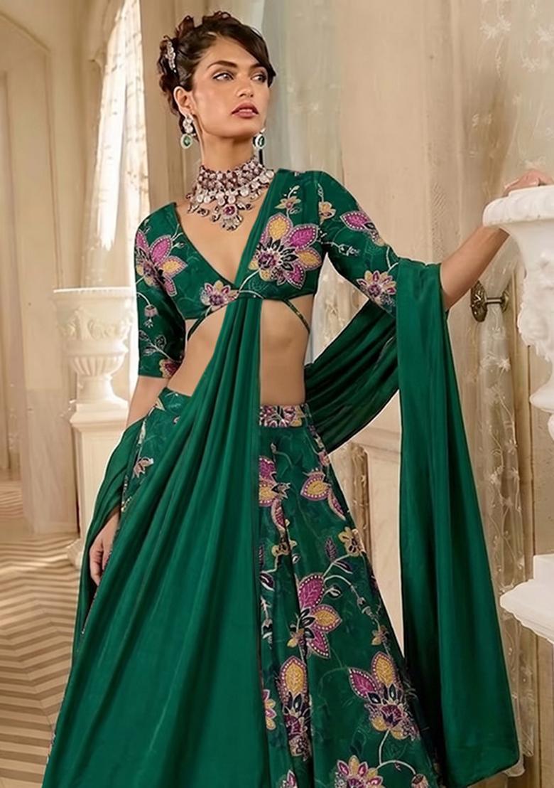 Bottle Green Printed Organza Lehenga Set - Indya