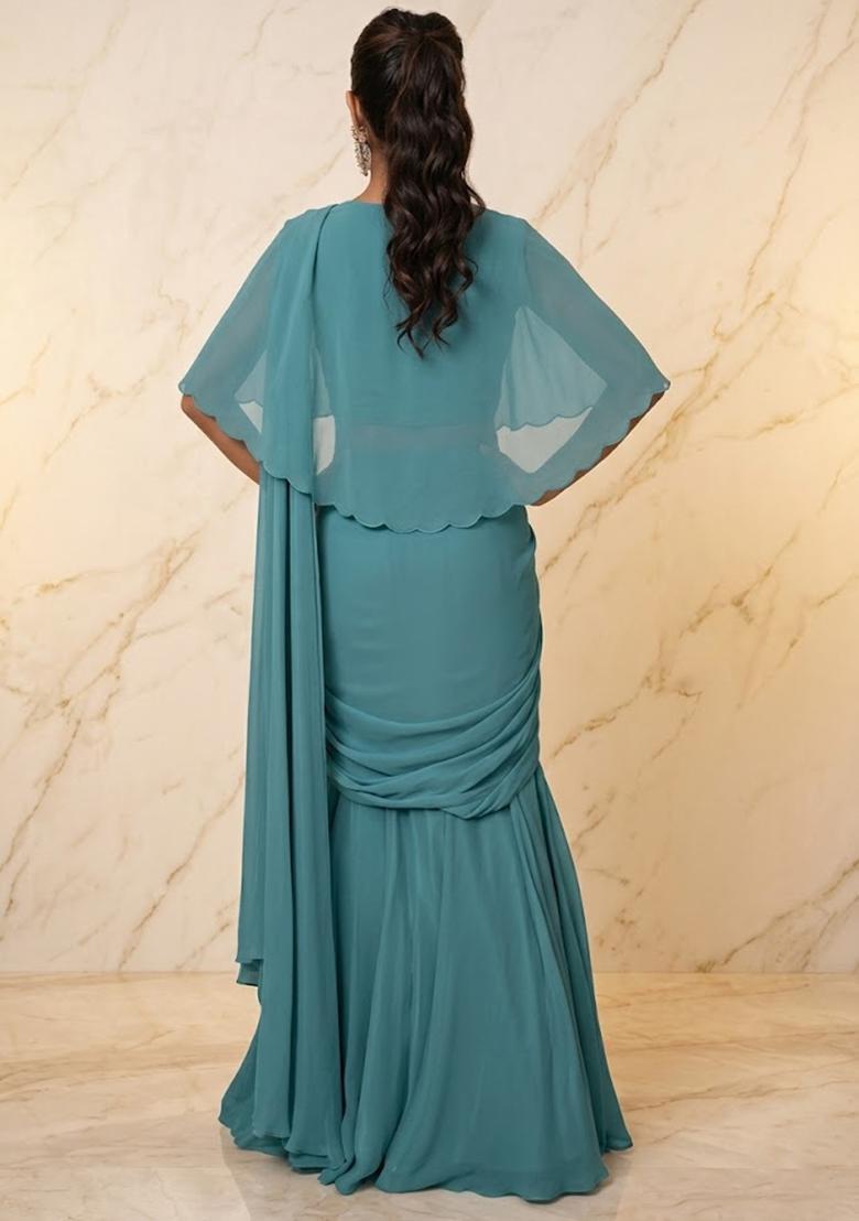 Teal Blue Embroidered Handwork Pre Draped Saree Set - Indya