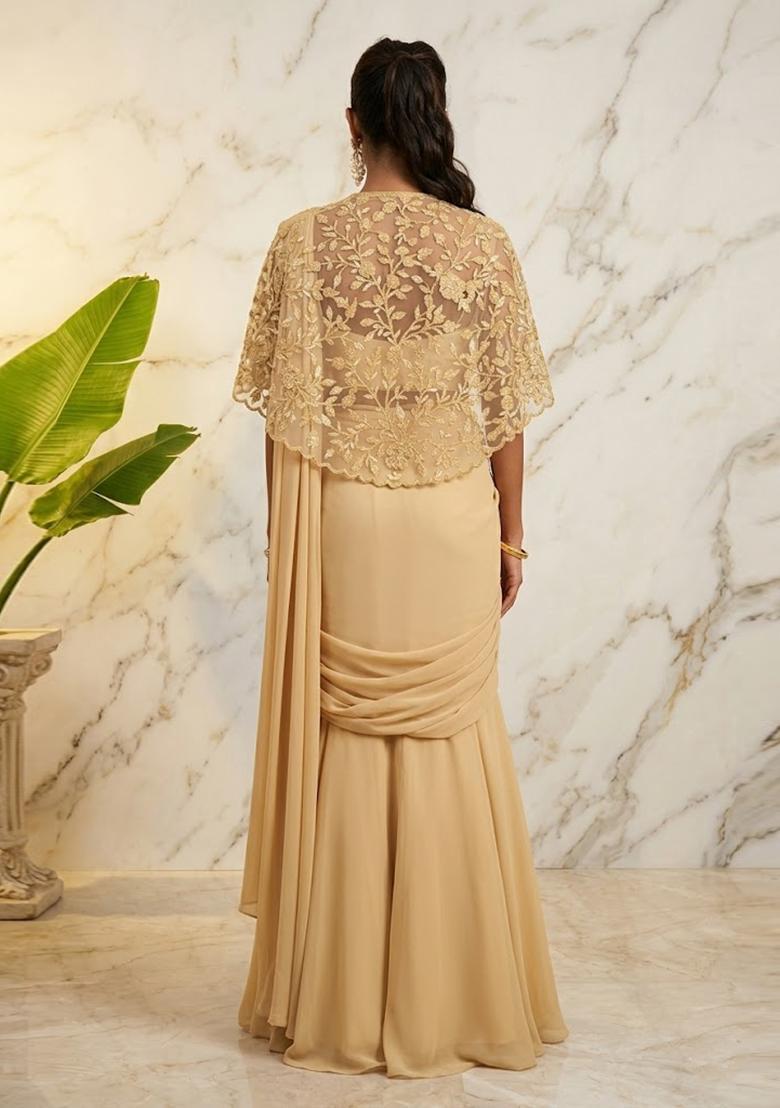 Yellow Embroidered Handwork Pre Draped Saree Set - Indya