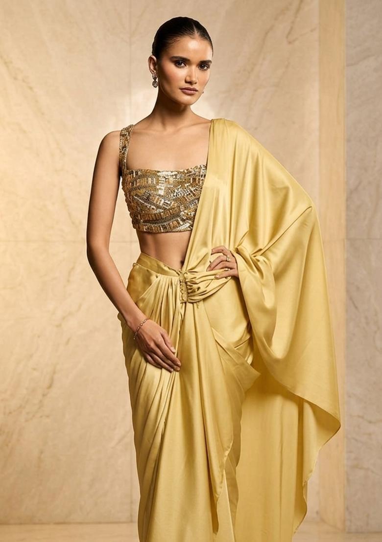 Yellow Embroidered Handwork Pre Draped Saree Set - Indya