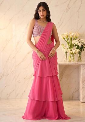 Soft Pink Embroidered Handwork Pre Draped Saree Set
