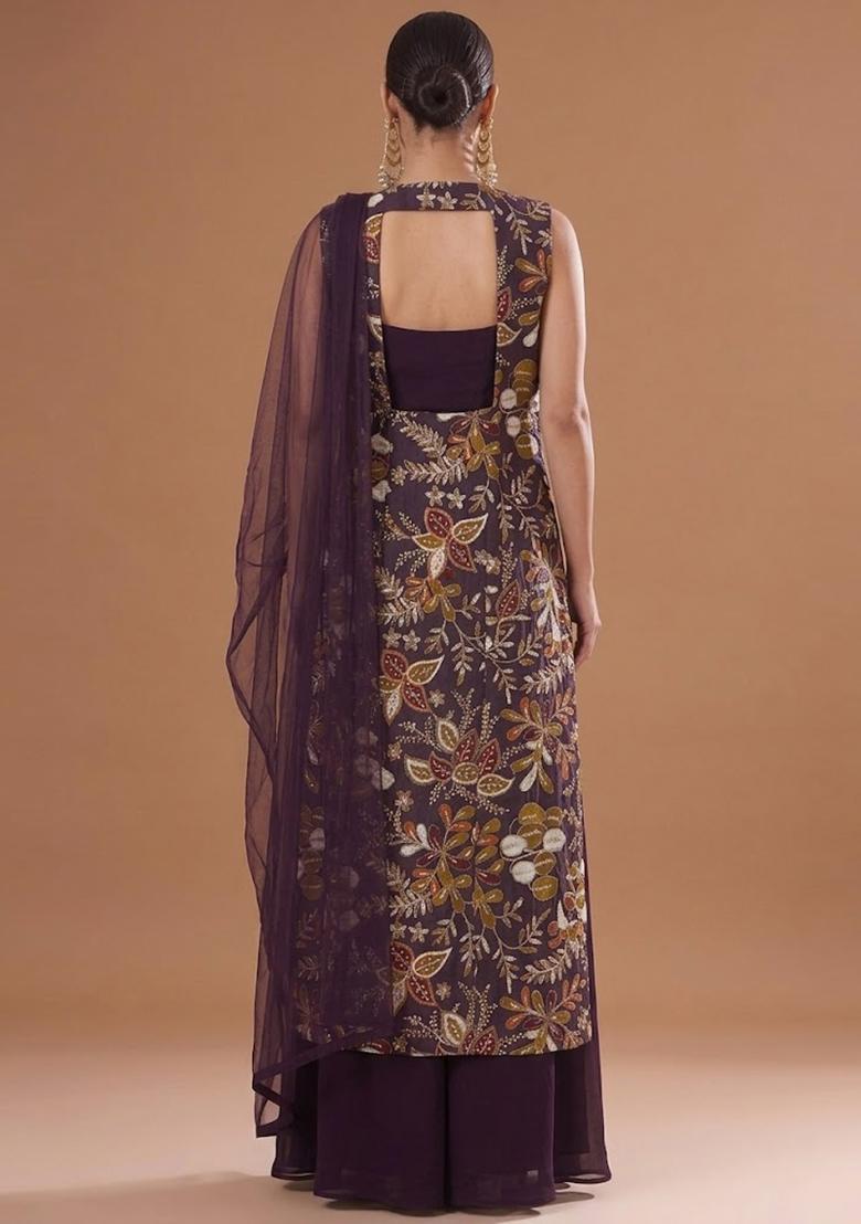Deep Plum Printed Silk Blend Fusion Set - Indya