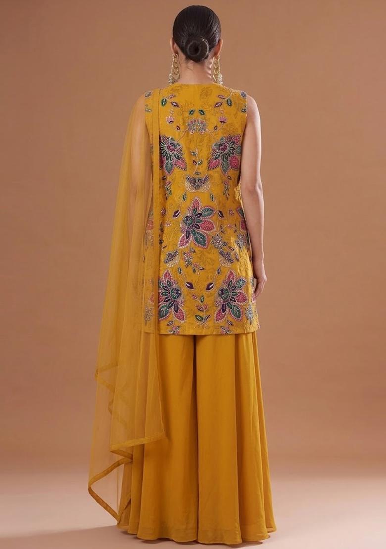 Mustard Printed Organza Fusion Set - Indya