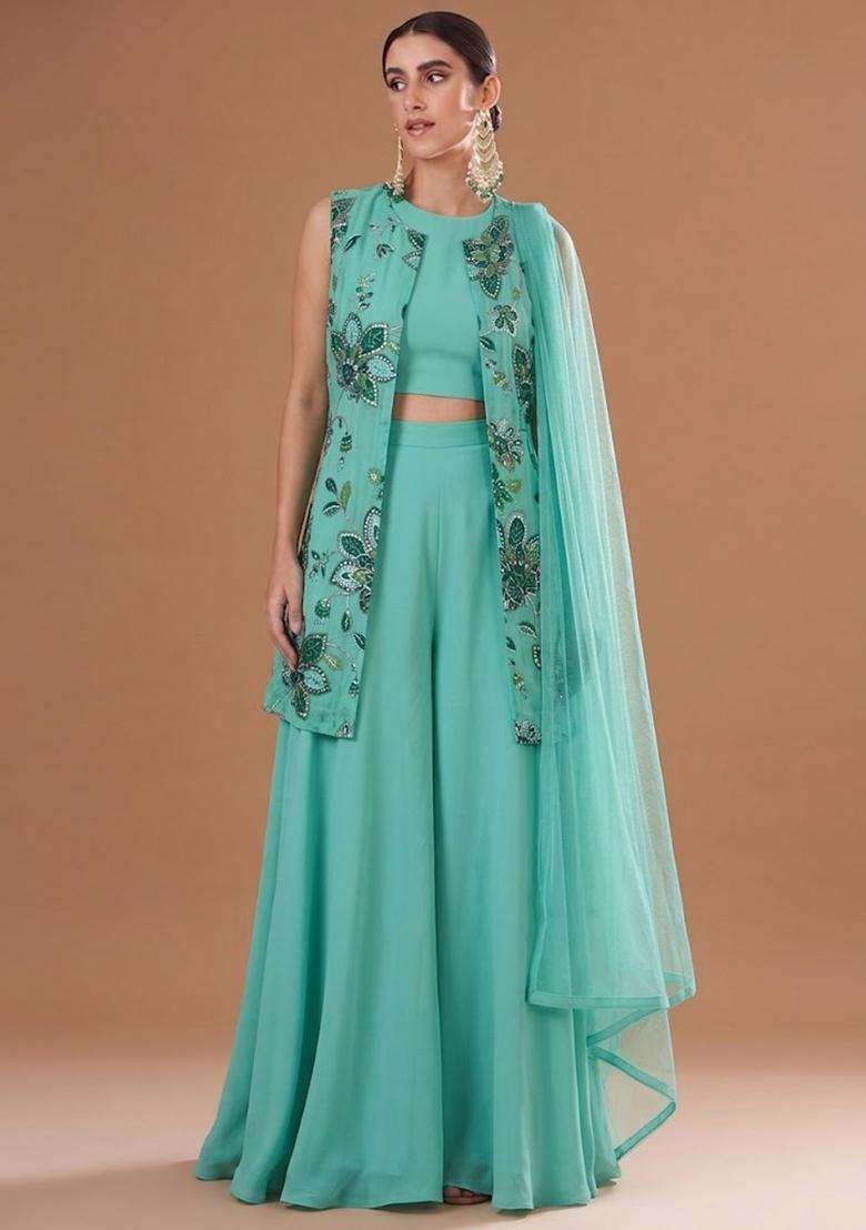 Seafoam Printed Organza Fusion Set - Indya