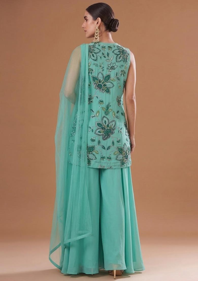 Seafoam Printed Organza Fusion Set - Indya