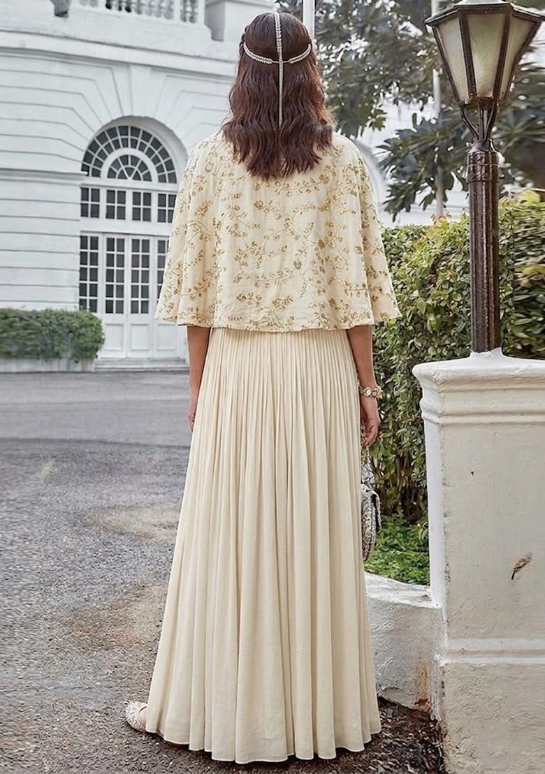 Beige Embroidered Crepe Fusion Set - Indya