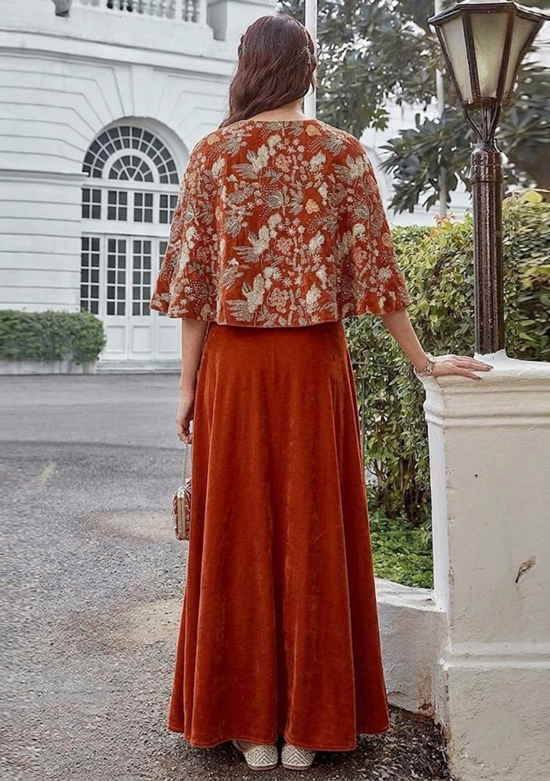 Rust Orange Embroidered Crepe Fusion Set - Indya
