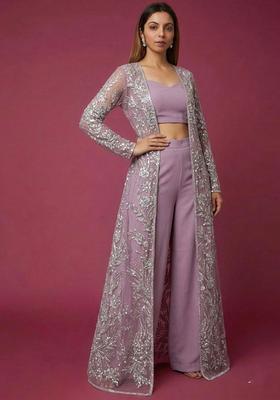 Lavender Purple Embroidered Net Fusion Set