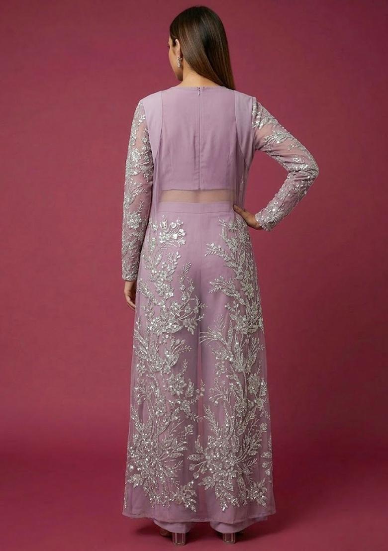 Lavender Purple Embroidered Net Fusion Set - Indya