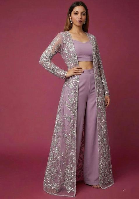 Lavender Purple Embroidered Net Fusion Set