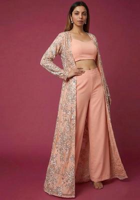 Blush Pink Embroidered Net Fusion Set