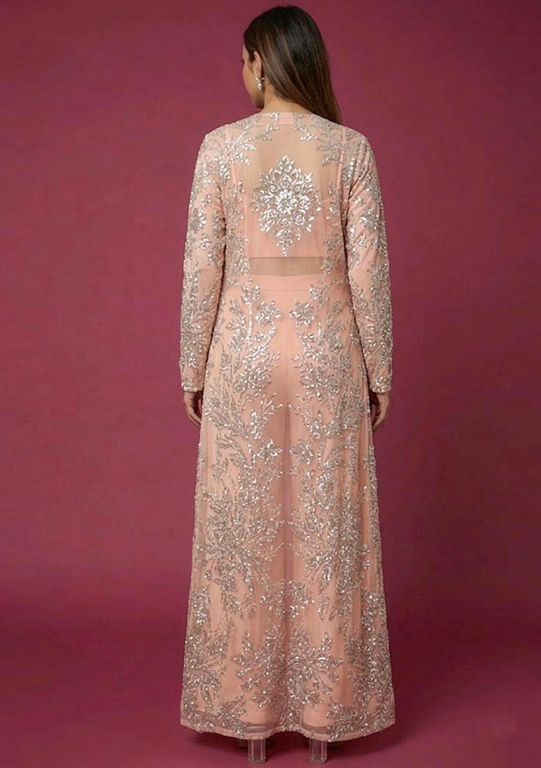 Blush Pink Embroidered Net Fusion Set - Indya