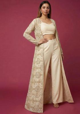 Off White Embroidered Net Fusion Set