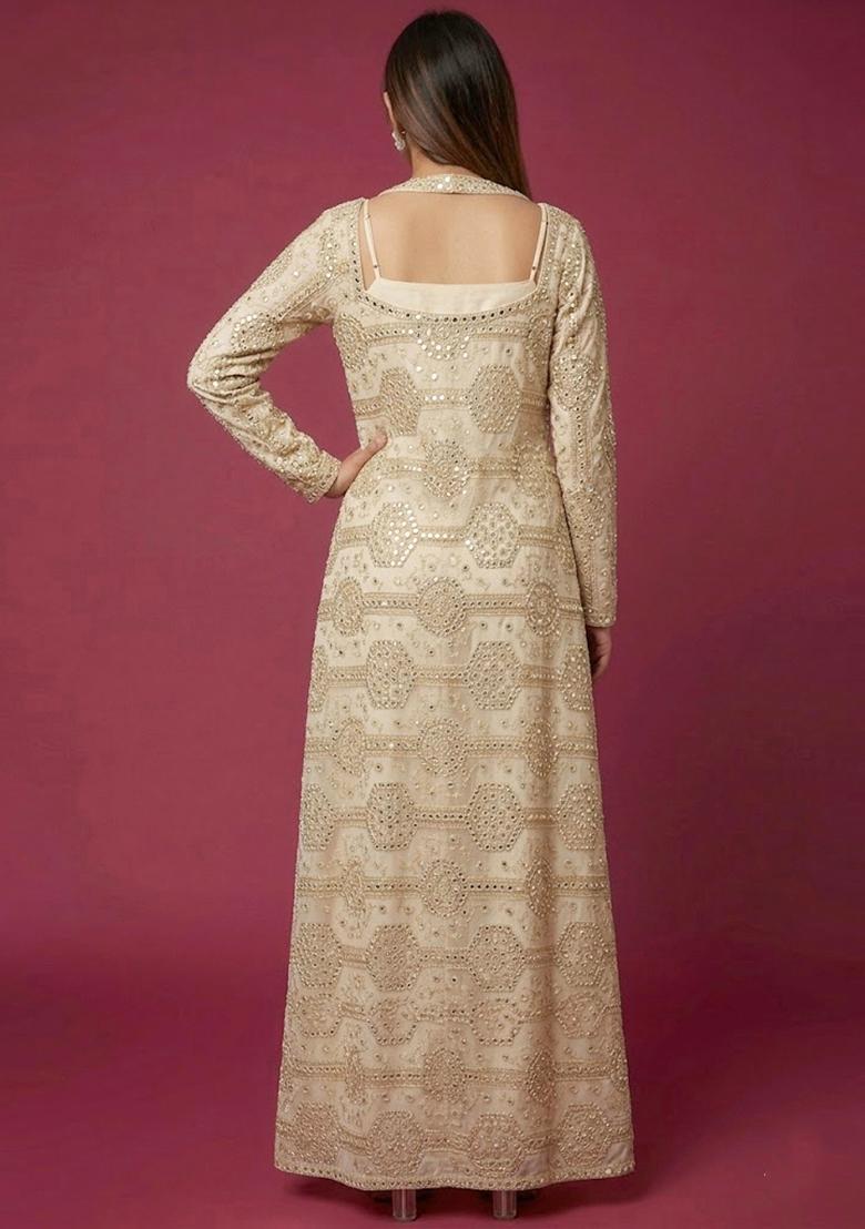 Off White Embroidered Net Fusion Set - Indya