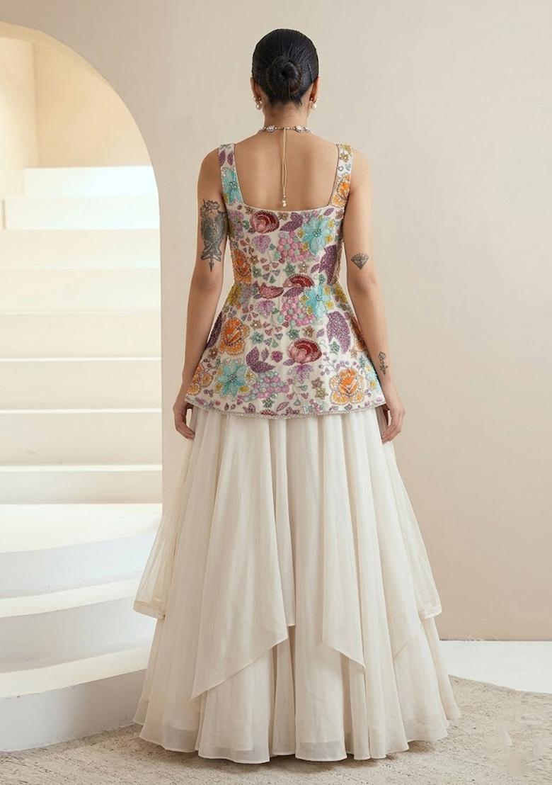 White Printed Crepe Lehenga Set - Indya