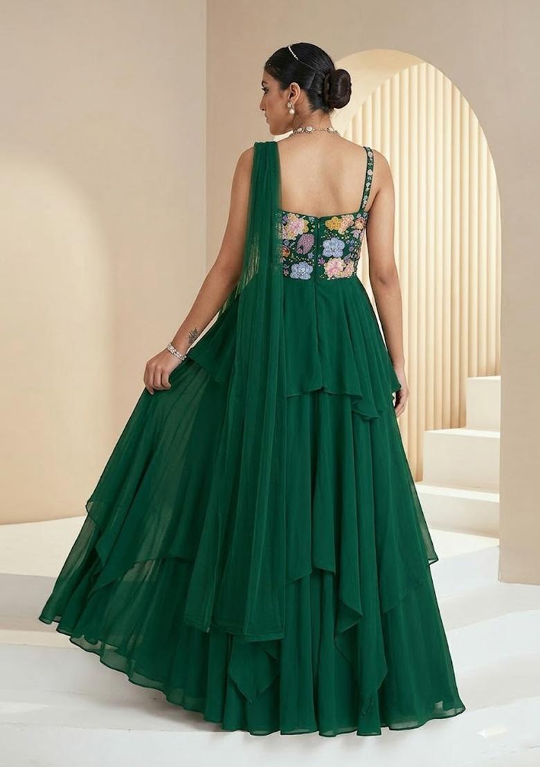 Emerald Green Printed Crepe Lehenga Set - Indya