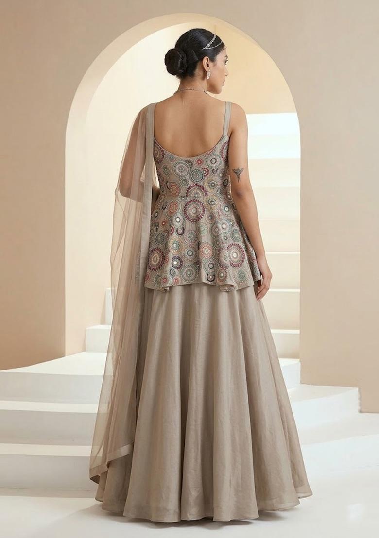 Grey Embroidered Georgette Lehenga Set - Indya
