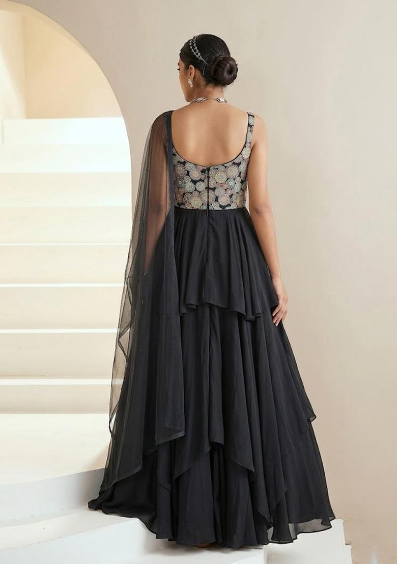 Jet Black Embroidered Georgette Lehenga Set - Indya