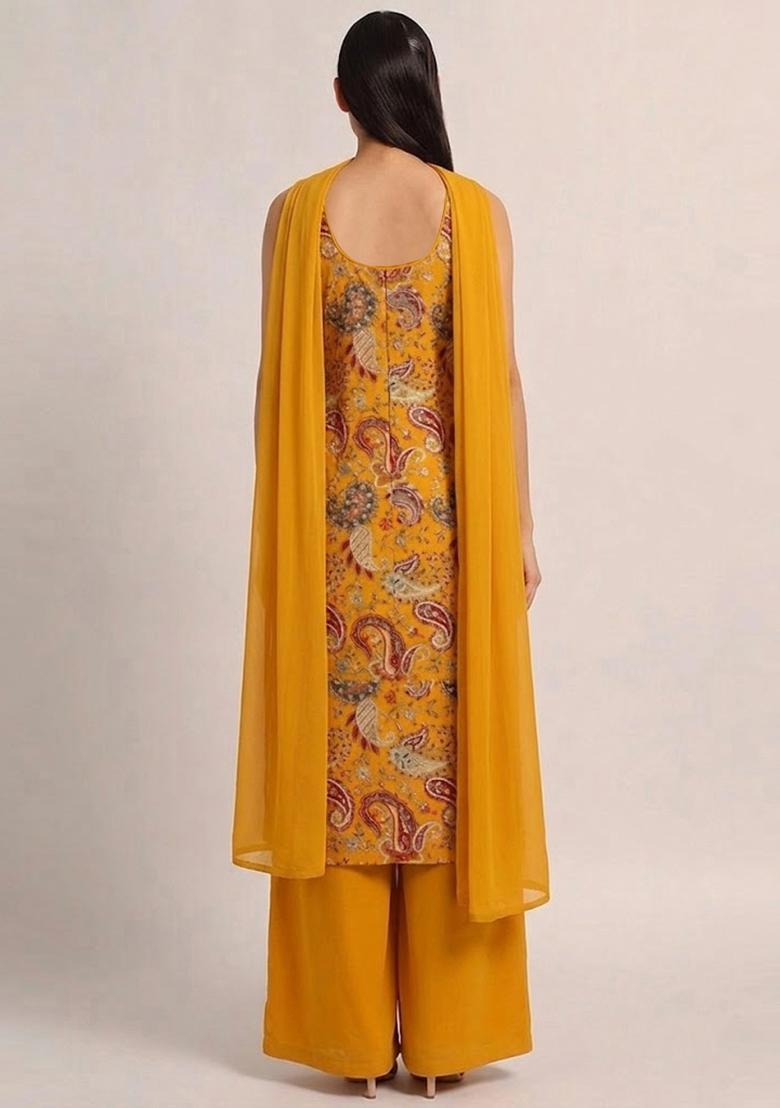 Mustard Printed Crepe Kurta Set - Indya