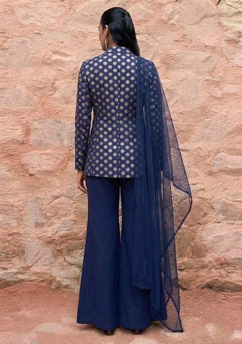 Navy Blue Brocade Fusion Set - Indya