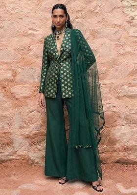 Bottle Green Brocade Fusion Set