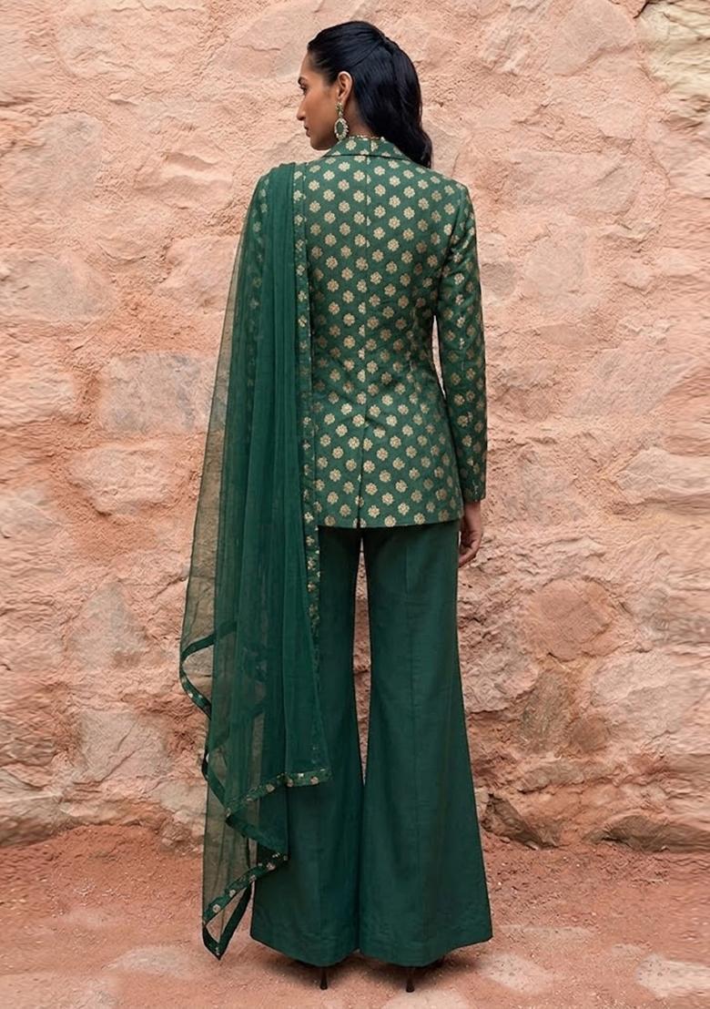 Bottle Green Brocade Fusion Set - Indya