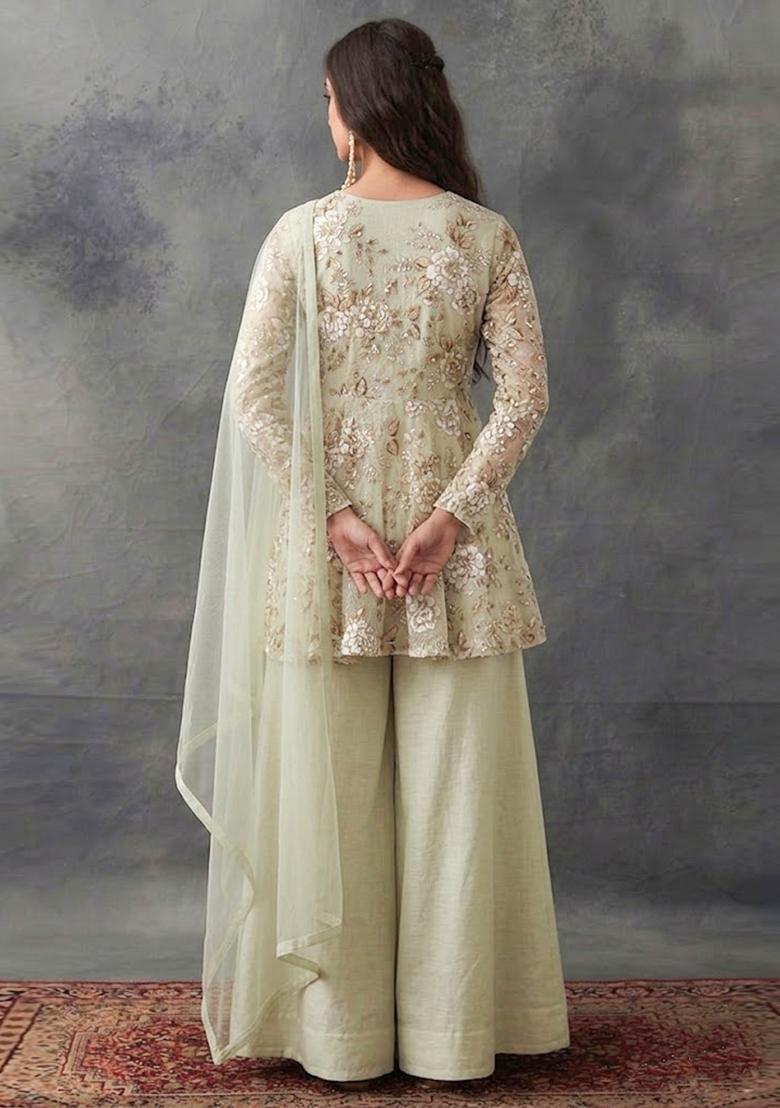 Pastel Green Printed Crepe Sharara Set - Indya