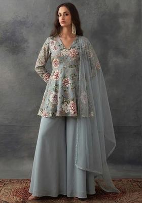 Steel Grey Printed Crepe Sharara Set
