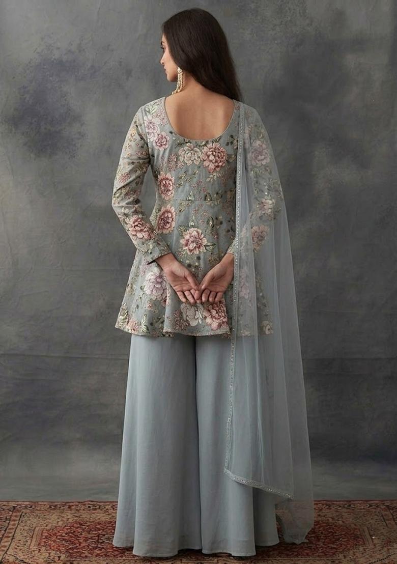 Steel Grey Printed Crepe Sharara Set - Indya