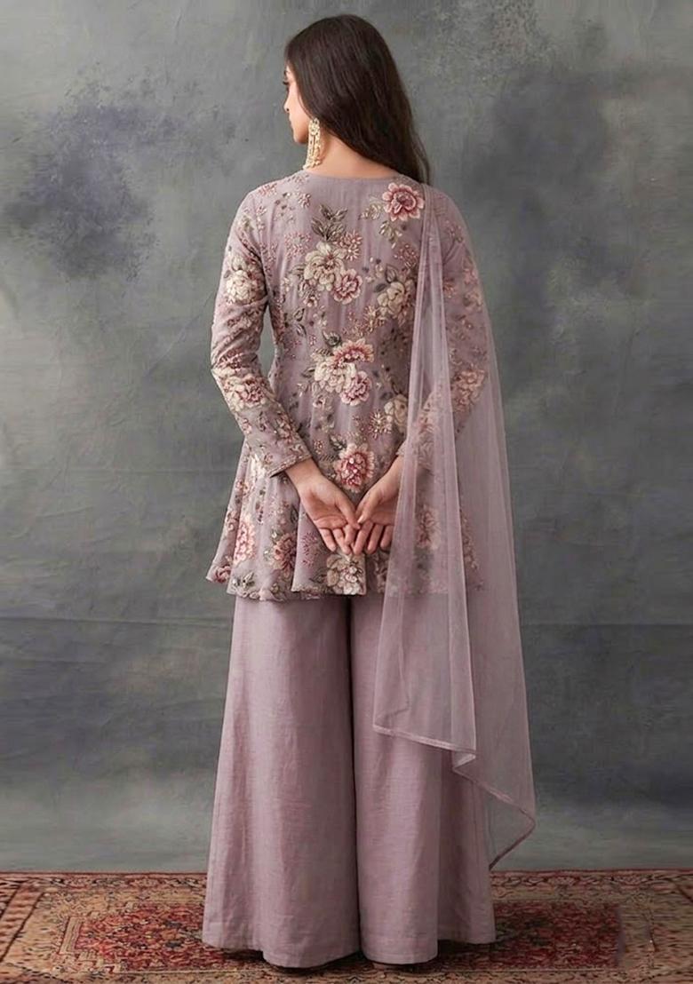 Mauve Printed Crepe Sharara Set - Indya